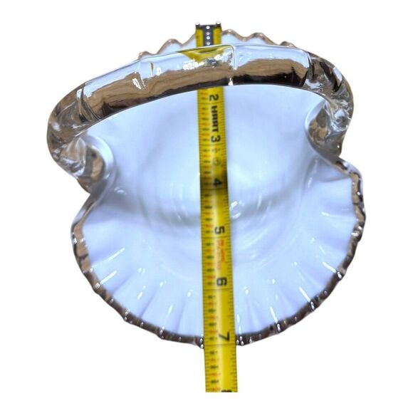 Fenton Silver Crest Reed White Milk Glass Ruffled Basket With Clear Handle Vtg - Picture 8 of 8